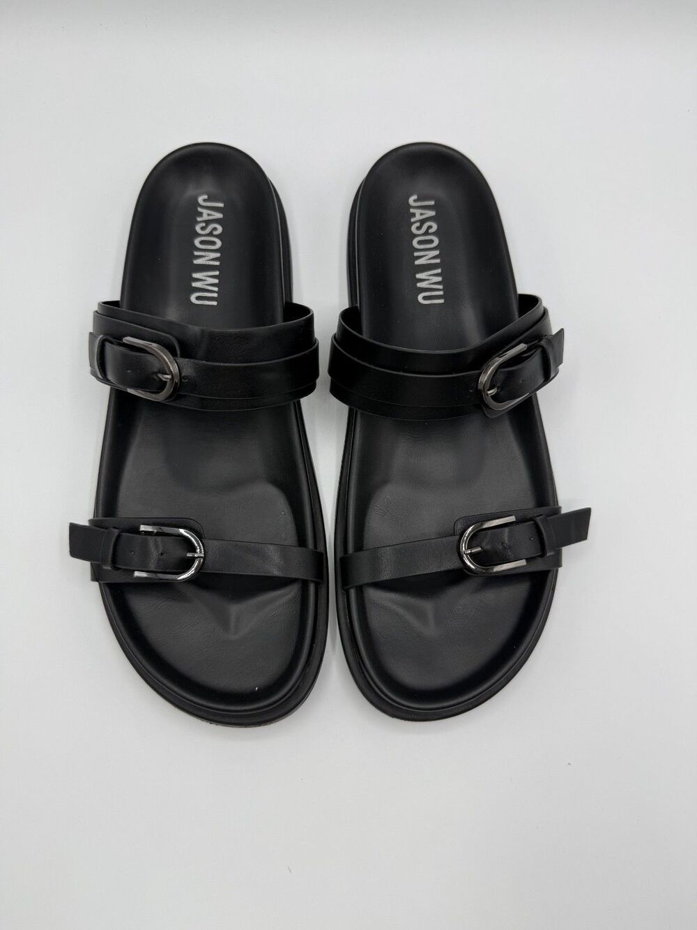 Jason Wu Rhonda Slide Sandal Black Double Strap Metallic Buckles Size 8.5